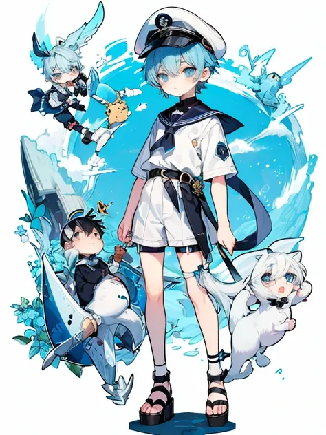 One boy, (masterpiece、最high quality、high quality)、Young Boy&#39;whole body、pure white background、 Character design Shorts Character sheet、Light blue hair、Short side tail(Down)、Blue eyes、Sailor suit、Marine Cap、anime、An illustration、sunglasses、Sandals、garter...