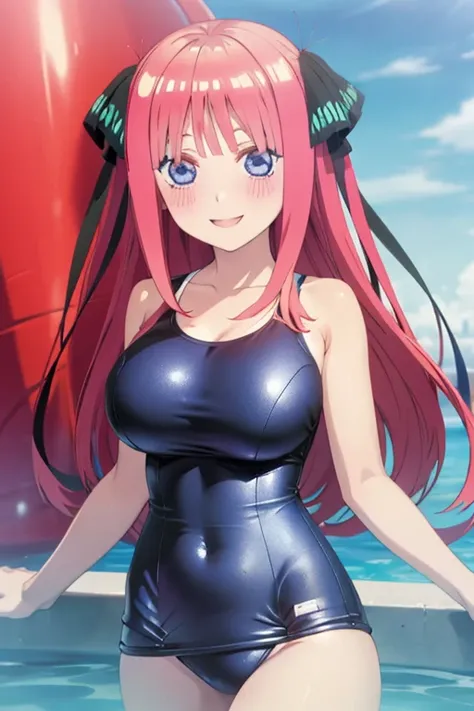 best quality, ultra-detailed masterpiece, anime art style, cute characters, nino nakano, one-piece swimsuit, large breasts, blush, smile