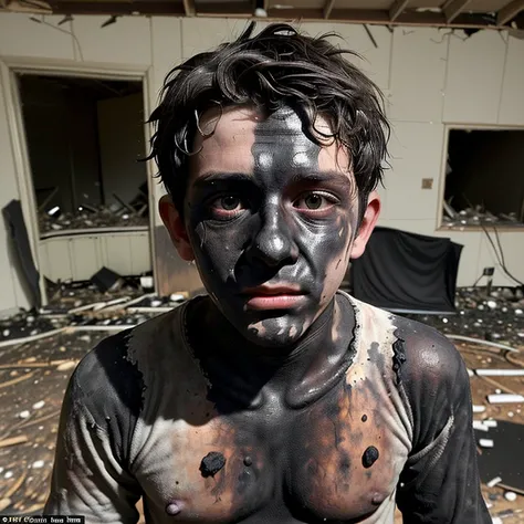 A selfie of a boy who was covered in soot and left in tatters after being caught in an explosion during filming