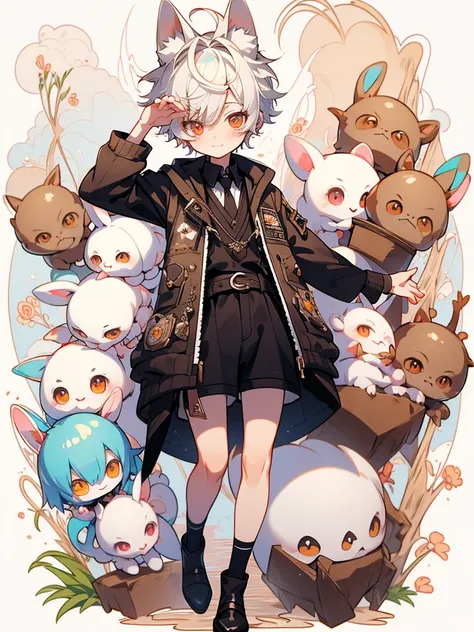 Tabletop, Perfect Face, highest quality, highest quality, 1 boy, Male characters, short hair, Gray Hair, Orange eyes, Waist-length hair is creepy, yami kawaii, Bunny ears, White lace shirt, Peter Pan Collar, White skin, Ribbon around the neck, Detailed Rac...