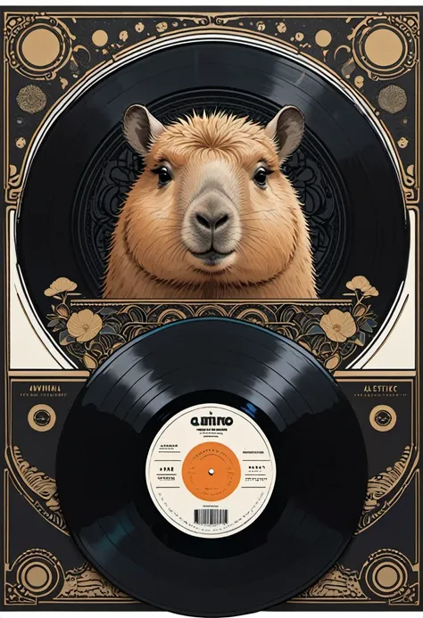 Black vinyl record cover design, minimalism art, a cute Capybara, (masterpiece, best quality, perfect composition, very aesthetic, absurdres, ultra-detailed, intricate details, Professional, official art, Representative work:1.3)