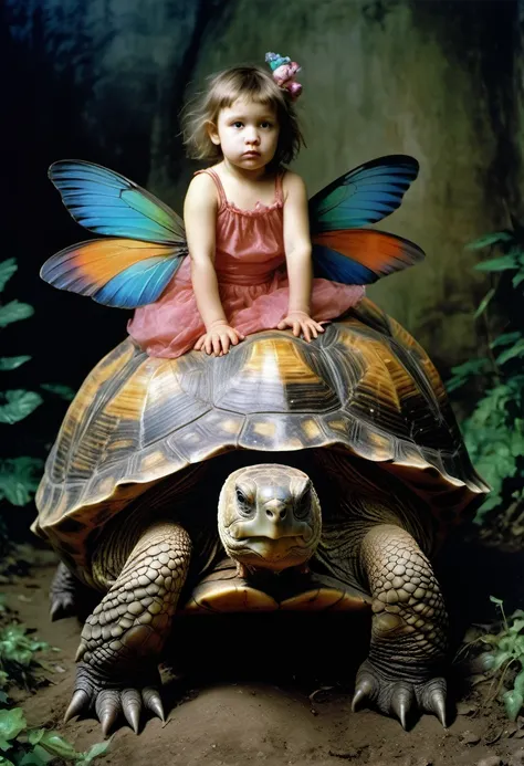 Art by eRA lEISNER, Jan Saudek and Jenny Saville ,Max Ernstrunepunk , tiny fairy girl with colourful wings riding on the back of a giant tortoise, on the beautiful shell, detailed photo fujifilm provia 400x, massurrealism, luminous shadows, renaissance-ins...