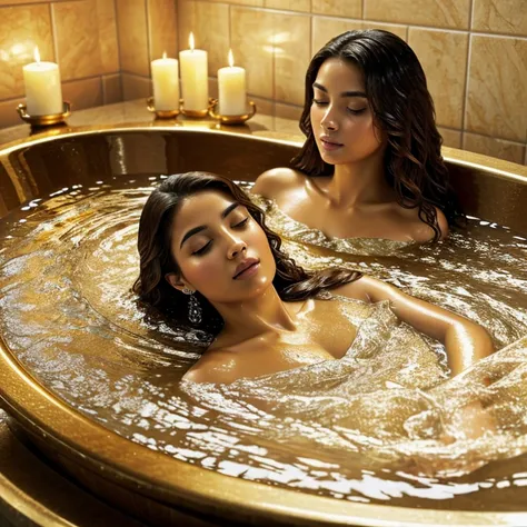 (Masterpiece: 1.1), Beautiful Latin woman, taking a rejuvenating bath, (Detailed skin texture: 0.9), (Water droplets: 1.2), (Steam rising: 0.8), Soft curves, elegant, (Long, wavy, chestnut hair: 1.0), (Full-body shot: 1.0), (Radiant, golden complexion: 1.3...