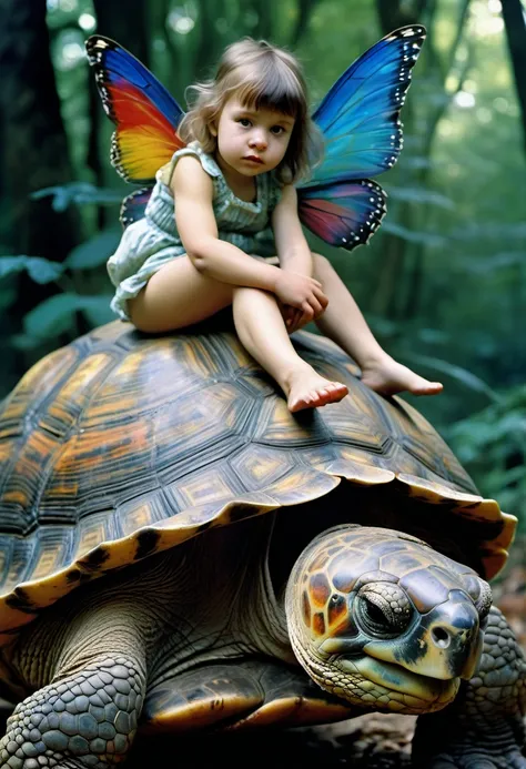 Art by eRA lEISNER, Jan Saudek and Jenny Saville ,Max Ernstrunepunk , tiny fairy girl with colourful wings riding on the back of a giant tortoise, on the beautiful shell, detailed photo fujifilm provia 400x, massurrealism, luminous shadows, renaissance-ins...