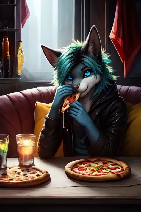 [Essen=" Pizza, Kartoffelchips, Snacks, roasted nuts"][Katze=" geschlechtslose Anthropologie, schlank, White, skyblue eyes with White sclera and black pupils, gelangweilt, schmutzige Cyberpunk-Kleidung, Klauen, digitalgrad, colorfull Haare"][Haare=" himmel...