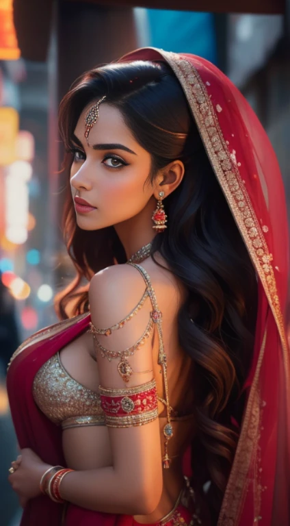 In the bustling streets of a vibrant Indian city, amidst the kaleidoscope of colors and scents, a woman (((Anne Hathaway:Deepika Padukone:0.6))) clad in a vibrant red saree and a black blouse becomes an ethereal sight that captivates all who lay eyes upon ...