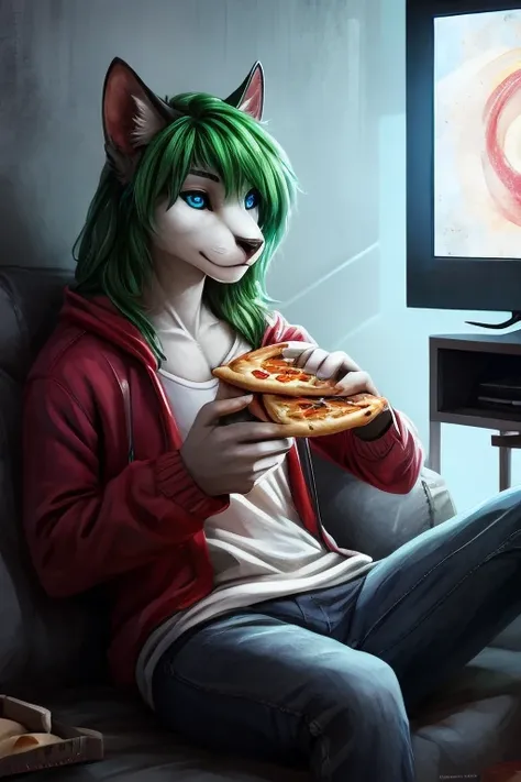 [Essen=" Pizza, Kartoffelchips, Snacks, roasted nuts"][Katze=" geschlechtslose Anthropologie, schlank, White, skyblue eyes with White sclera and black pupils, gelangweilt, schmutzige Cyberpunk-Kleidung, Klauen, digitalgrad, colorfull Haare"][Haare=" himmel...