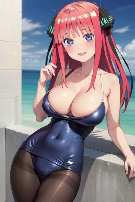 best quality, ultra-detailed masterpiece, anime art style, cute characters, nino nakano, one-piece swimsuit, large breasts, pantyhose, blush, smile