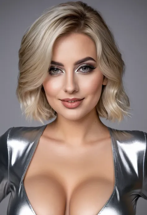 hyperrealistic beautiful busty 30-year-old women in ultra shiny silver jumpsuit, model shooting mugshot photography, dyed blonde classic bob, dark eye makeup with eyeliner, seductive smile, 8K, best quality, Meisterwerk, ultra high resolution, (Realismus: ...