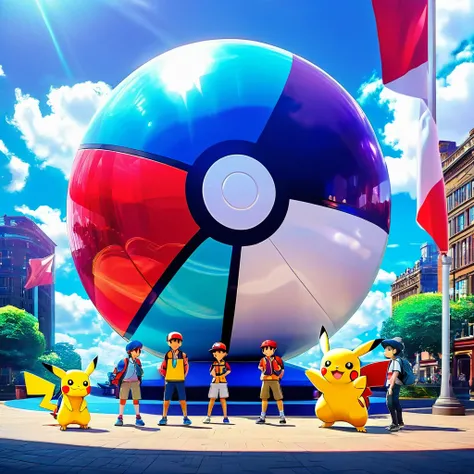 Masterpiece, digital, Pokémon GO group, banner image, cover image, multiple Pokémon, trainers, engaging in friendly activities, giant Pokéball,  two Pokémon trainers infront of giant Pokéball , giant blue flag, blue flagpole, shiny flag, inspiring, clash e...