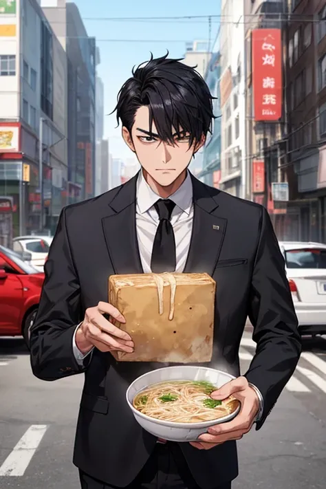 A man with black hair in a suit、He is holding out a bowl of ramen with a serious expression.。An urban scene with a giant square of tofu in the background。