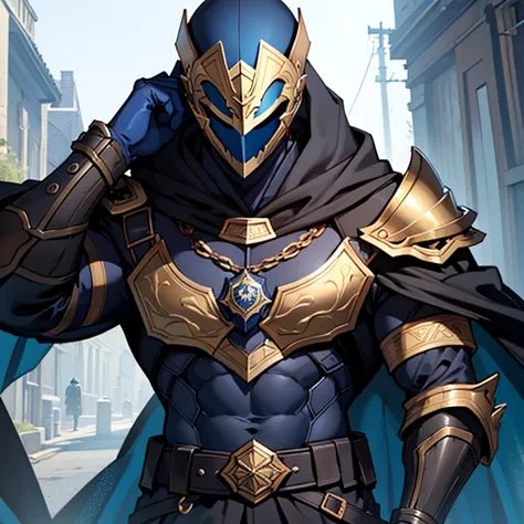 A navy blue and gold helmet covering the face、He is wearing a helmet、Wearing blue-black armor、Tense abdominal and chest muscles、Wearing a black cloak