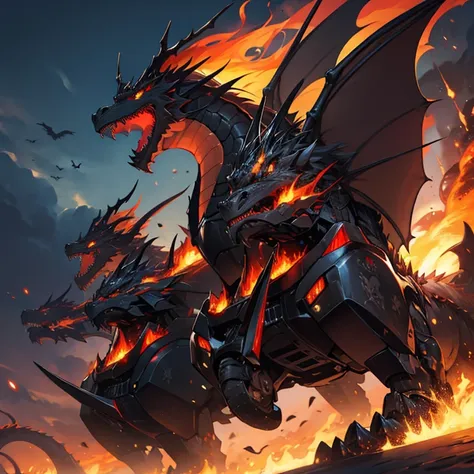 A mechanical three-headed dragon that emits black flames.