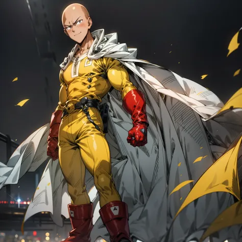 masterpiece, best quality, 1boy, (saitama), bald hair, black eyes,  blue boot, red gloves, yellow clothes, white cape, standing,...