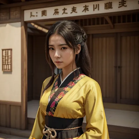 mujer araffe con un kimono amarillo sentada en una repisa, palacio ， una chica en hanfu, estilo anime realista 3d, obra de arte al estilo de guweiz, hermosa pintura de personajes, anime 3d realista, tendencia en cgstation, anime estilo 3d, vistiendo ropa c...