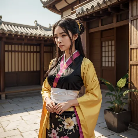 mujer araffe con un kimono amarillo sentada en una repisa, palacio ， una chica en hanfu, estilo anime realista 3d, obra de arte al estilo de guweiz, hermosa pintura de personajes, anime 3d realista, tendencia en cgstation, anime estilo 3d, vistiendo ropa c...