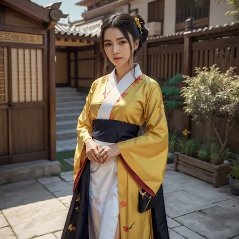 mujer araffe con un kimono amarillo sentada en una repisa, palacio ， una chica en hanfu, estilo anime realista 3d, obra de arte al estilo de guweiz, hermosa pintura de personajes, anime 3d realista, tendencia en cgstation, anime estilo 3d, vistiendo ropa c...