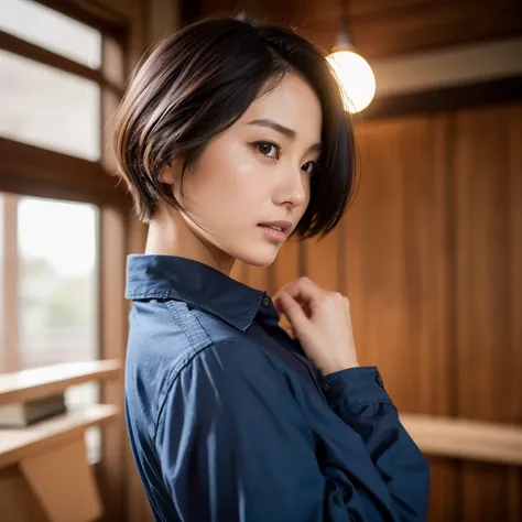 The face of a beautiful naked Japanese woman in her thirties with short hair, wearing a long-sleeved dark blue cotton shirt over her shoulder, looking at me and talking to me with a serious expression. Focal length 100mmf/2.8, spring night, living room on ...