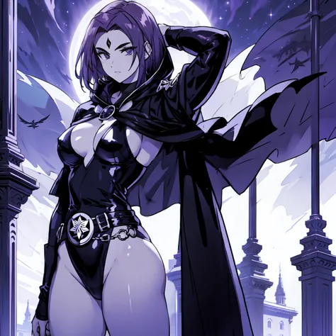 Raven, black leotard, black cape, hood, purple hair, forehead jewel, purple eyes, short hair, belt, skin tight, standing, cleavage, toned, breasts, pose, night, moonlight, ((posing)), motion lines, torso, upper body, portrait, b&w. outline, ((1girl)), (sol...