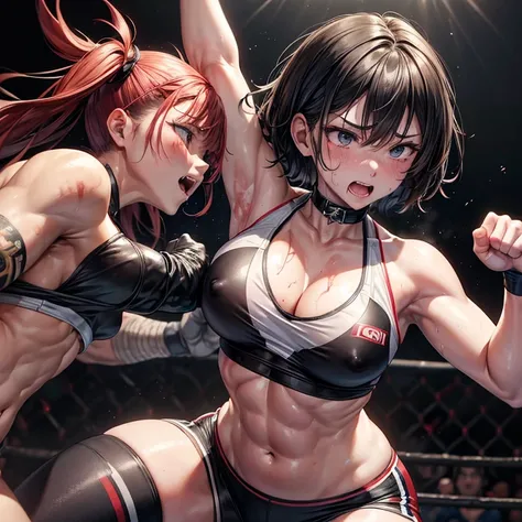 Super big 。Thick thighs and armuscular。Six Pack Abs。Punching or kicking the opponent&#39;s body。A battle royal between two beautiful young heavyweight female mixed martial artists。Bruised Belly。Covered in wounds and in a bad shape。They are fighting violent...