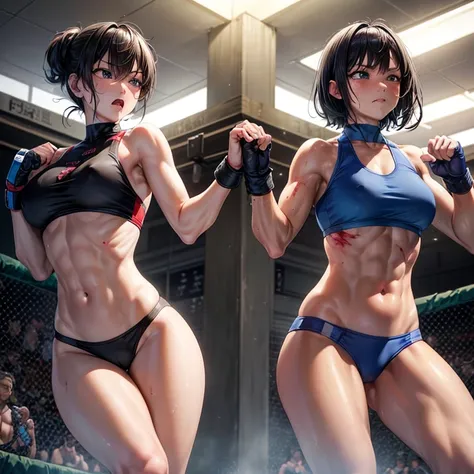 Super big 。Thick thighs and armuscular。Six Pack Abs。Punching or kicking the opponent&#39;s body。A battle royal between two beautiful young heavyweight female mixed martial artists。Bruised Belly。Covered in wounds and in a bad shape。They are fighting violent...