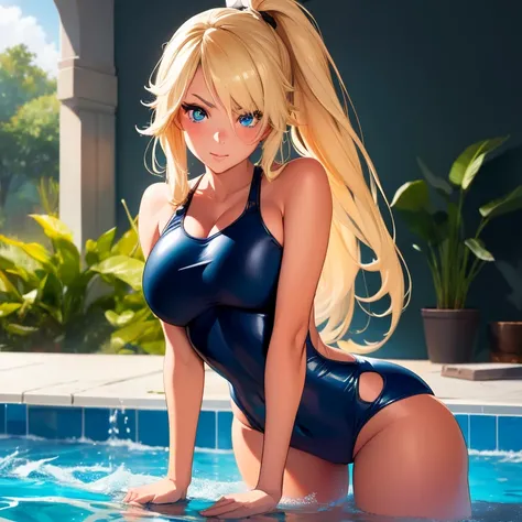 ((masterpiece, best quality, high resolution, UHD, pixel perfect, depth of field, 8k, RTX, HDR))cowboy shot, BREAK, 1 girl, girk styke anime,  Glossy skin, sharp, Beauty of perfect body, realistic shadow perfect body, (metallic blue School swimsuits, Navy,...