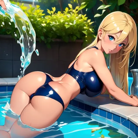 ((masterpiece, best quality, high resolution, UHD, pixel perfect, depth of field, 8k, RTX, HDR))cowboy shot, BREAK, 1 girl, girk styke anime,  Glossy skin, sharp, Beauty of perfect body, realistic shadow perfect body, (metallic blue School swimsuits, Navy,...