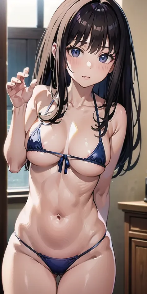 (masterpiece, best quality, highres, UHD, perfect pixel), Inoue Takina, Long hair, Bangs, Black hair, (Purple eyes:1.2), medium breasts, indoor, bedroom, dynamic pose, busty, perfect body, POV, close up, blushing, (cleavage:0.8),  natural light,metalic ult...