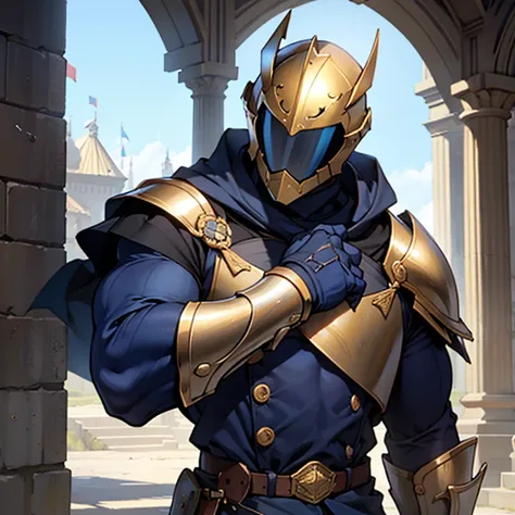 A shirtless knight wearing a navy blue and gold faceless helmet