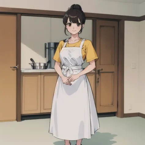 masterpiece,high quality,solo,
smile,
Chukaya,1woman,
mole under eye,
hair bun,
chef,
head scarf,kappougi,shirt,
waist apron,
full body,