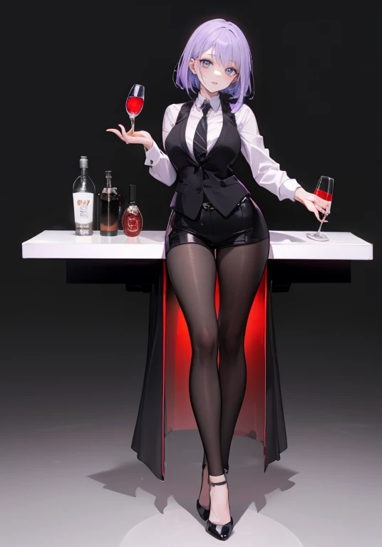 ((Perfect Face)),Purple Hair,,1 female,bartender,,Black vest,tie,High heels,,((Simple light color background)),((smile)),((Full Body)),((full body)),Portraits,virtual,upright,