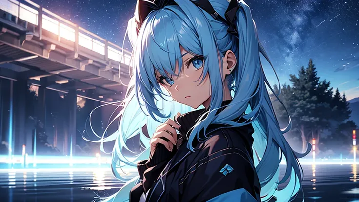 Azure lake, clean night sky, anime girl with blue crystal hair, 