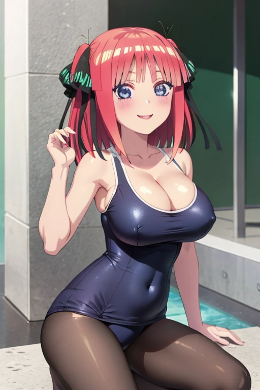 best quality, ultra-detailed masterpiece, anime art style, cute characters, nino nakano, one-piece swimsuit, large breasts, pantyhose, blush, smile