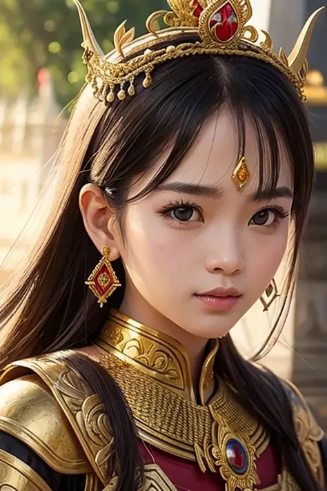 portrait of a war girl in Thai armor and Thai crown, wearing earrings, holding a bow, temple background, cinematic, fantasy, perfect, masterpiece