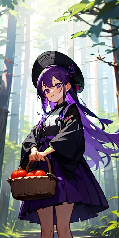 A very cute girl appeared wearing purple and black clothes standing in front of the forest.。She is lowering the basket。