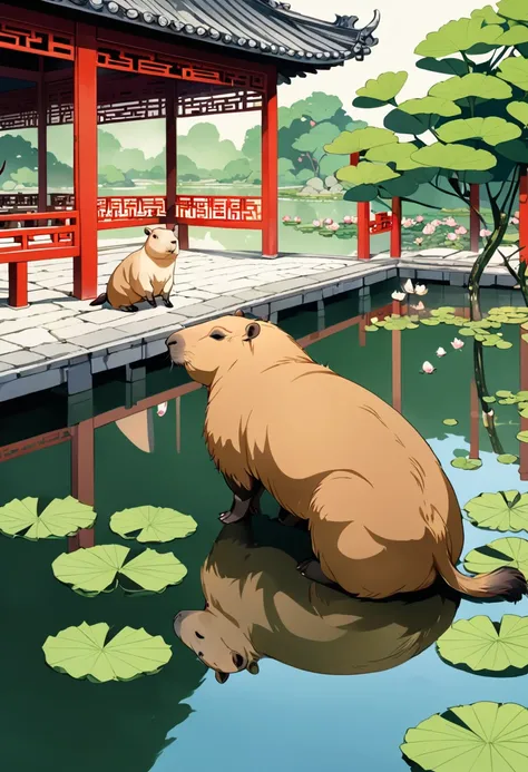 (a cute capybara), stands gracefully by a serene lotus pond, her delicate hand holding a folding fan, her gaze lost in the reflection of lotus blossoms, a sense of timeless tranquility surrounds her, Subtle Jade and Ivory Tones, Traditional Chinese Garden,...