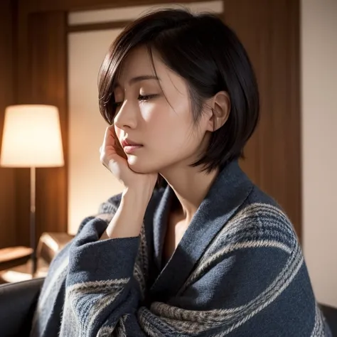 n the living room at night, a beautiful Japanese woman in her 30s with short hair, wearing a dark blue long-sleeved cotton shirt and wrapped in a black and gray plaid blanket, looks down and closes her eyes, unable to bear the sleepiness. face. Focal lengt...