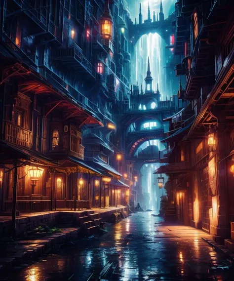 there is a large room with a lot of lights and a lot of tables, steampunk factory background, matte painting of steam machines, fantasy atmospheric lighting, steampunk concept art, steampunk setting, dramatic lighting. concept art, in a steampunk laborator...