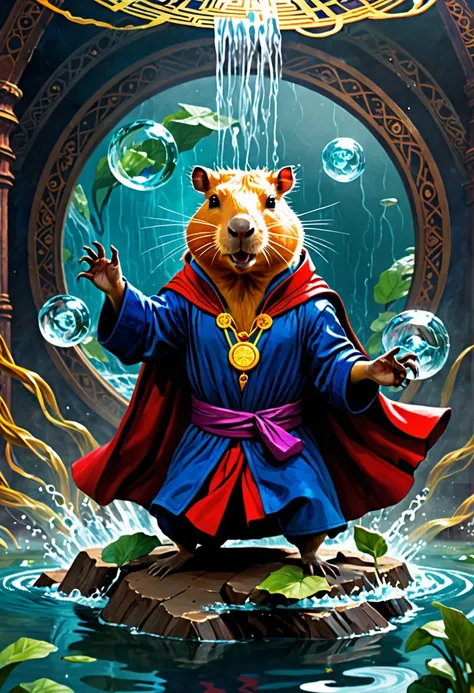 (Masterpiece, high quality, best quality, official art, beauty and aesthetics:1.2),A capybara plays Doctor Strange, surrounded by the water element,water, surreal, fantastical,,