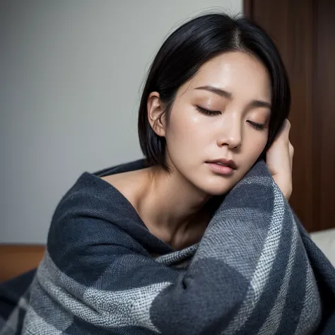 In the living room at night, the face of a beautiful Japanese woman in her thirties with short hair, wearing a dark blue long-sleeved cotton shirt, wrapped in a black and gray plaid blanket, her head down, eyes closed, breathing quietly. Focal length 100mm...