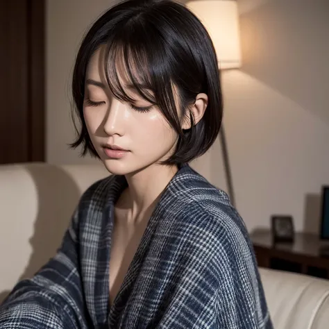 In the living room at night, the face of a beautiful Japanese woman in her thirties with short hair, wearing a dark blue long-sleeved cotton shirt, wrapped in a black and gray plaid blanket, her head down, eyes closed, breathing quietly. Focal length 100mm...