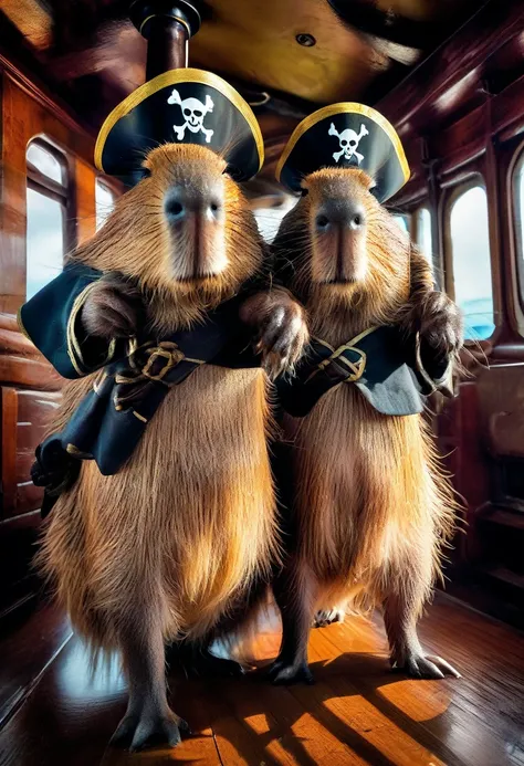 A Capybara, capybara, Capybara pirates with an eye patch and pirate hats and holding bottles of rum, on a ghost ship, intricate details, HDR, beautifully shot, hyperrealistic, sharp focus,  megapixels, perfect composition, high contrast, cinematic, atmosph...