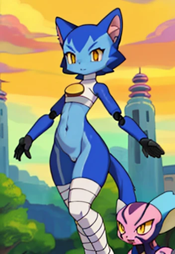 ((Best quality ,artwork )), cat female humanoid, wide hips , wearing Bandage  , ((dark blue body)) , big cat ears  , ((Pokémon style )) , short hair ,(( shortstack)), small geet , ((yellow pupils)) ,Robot legs ,