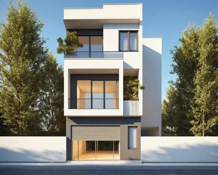 townhouse, (modern style:1.2), exterior design, perspective view, (white wall:1.3), (block sidewalks and asphalt roads), (fronta...