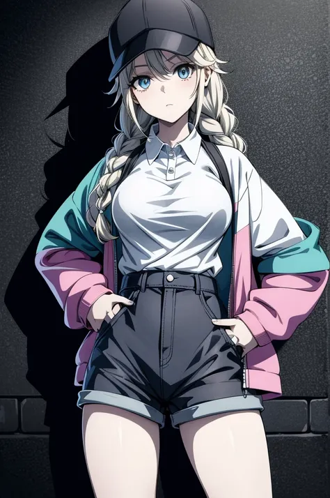 an anime character wearing a jacket and a knit hat posing before a graffiti covered wall, 1girl, solo, shorts, blue eyes, hat, braid, breasts, shirt, long hair, spot color, looking at viewer, short shorts, jacket, cowboy shot, monochrome, large breasts, co...