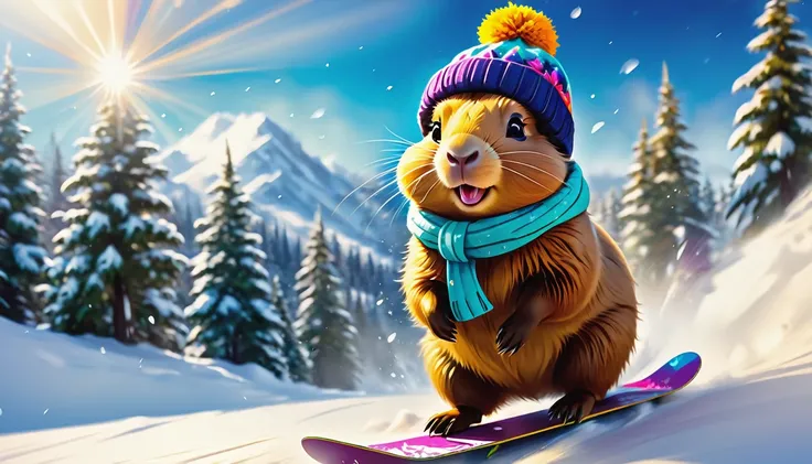 (best quality,4k,8k,highres,masterpiece:1.2),ultra-detailed,(realistic,photorealistic,photo-realistic:1.37),illustration,painted texture,adorable animal,cute capybara,lively facial expression,energetic snowboarding stance,vibrant winter scene,fresh snowfal...