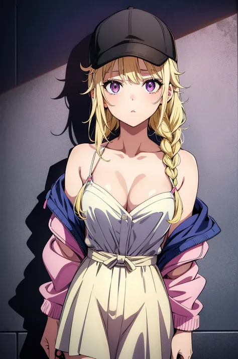 shizukazom100, 1girl, , dark purple hair, bangs, hair ornament, hairclip, pink eyes, white pupils, medium breasts, collarbone, jacket, cleavage, curious look, cowboy shot, ,Eiko Tsukimi, blue eyes, braid, twin braid,(((blonde hair))),baseball cap