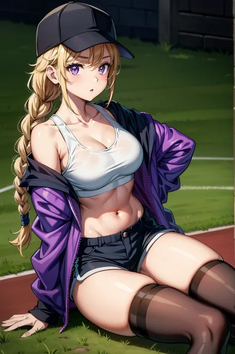 a woman in sport shorts and a top shirt tied up holding her ass, 1girl, solo, breasts, shorts, sitting, navel, blonde hair, hat, jacket, shoes, thighhighs, wariza, cleavage, open clothes, looking at viewer, black headwear, collarbone, short shorts, off sho...