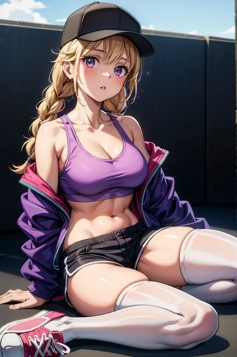 a woman in sport shorts and a top shirt tied up holding her ass, 1girl, solo, breasts, shorts, sitting, navel, blonde hair, hat, jacket, shoes, thighhighs, wariza, cleavage, open clothes, looking at viewer, black headwear, collarbone, short shorts, off sho...