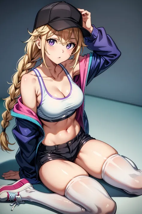 a woman in sport shorts and a top shirt tied up holding her ass, 1girl, solo, breasts, shorts, sitting, navel, blonde hair, hat, jacket, shoes, thighhighs, wariza, cleavage, open clothes, looking at viewer, black headwear, collarbone, short shorts, off sho...